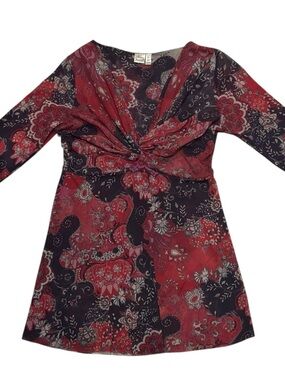 Y2K Twist-Front Long Sleeve Tee - Floral Paisley